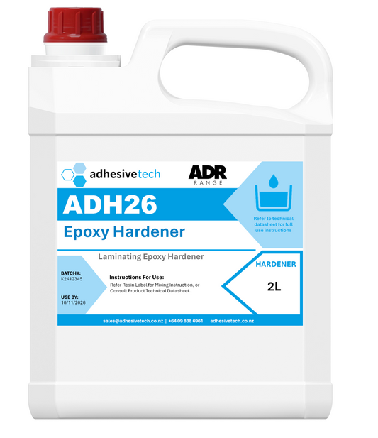 White epoxy hardener jug with blue label and red screw cap