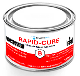 Epoxy hardener can labeled RAPID CURE Part B, red label, size 125g, metal lid